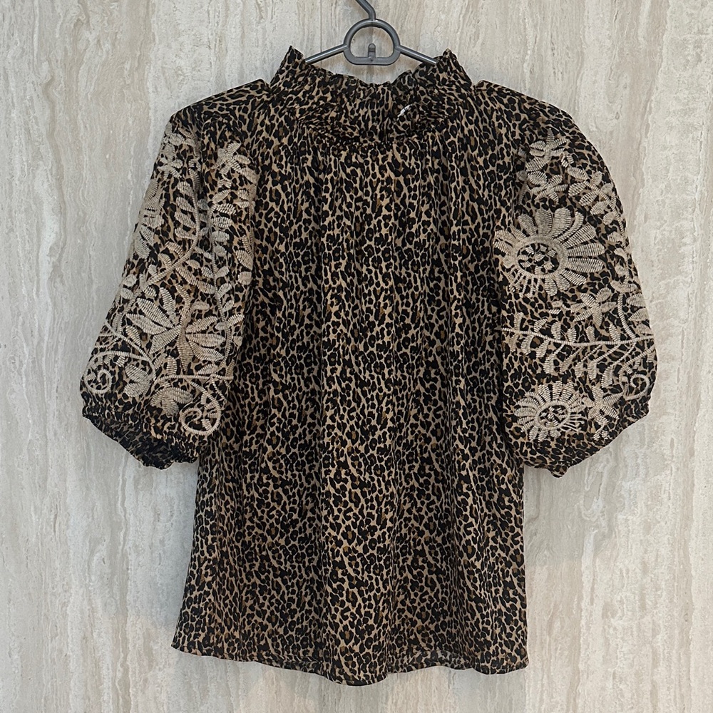 THML Leopard Print Women's Top with Floral Sleeves